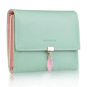RFID Light Blue Wallet Leaf Card Holder Trifold Ladies Wallet with Zipper Pocket